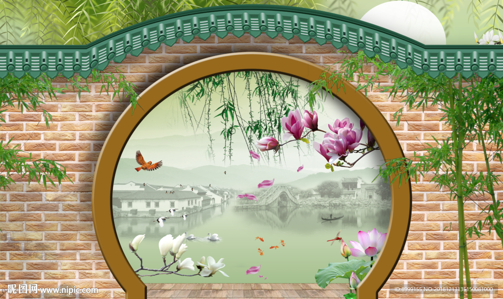 忆江南中式圆门电视背景墙