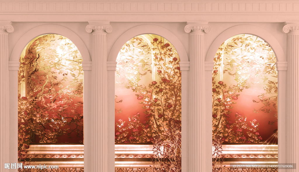 欧式复古罗马柱花卉背景壁画