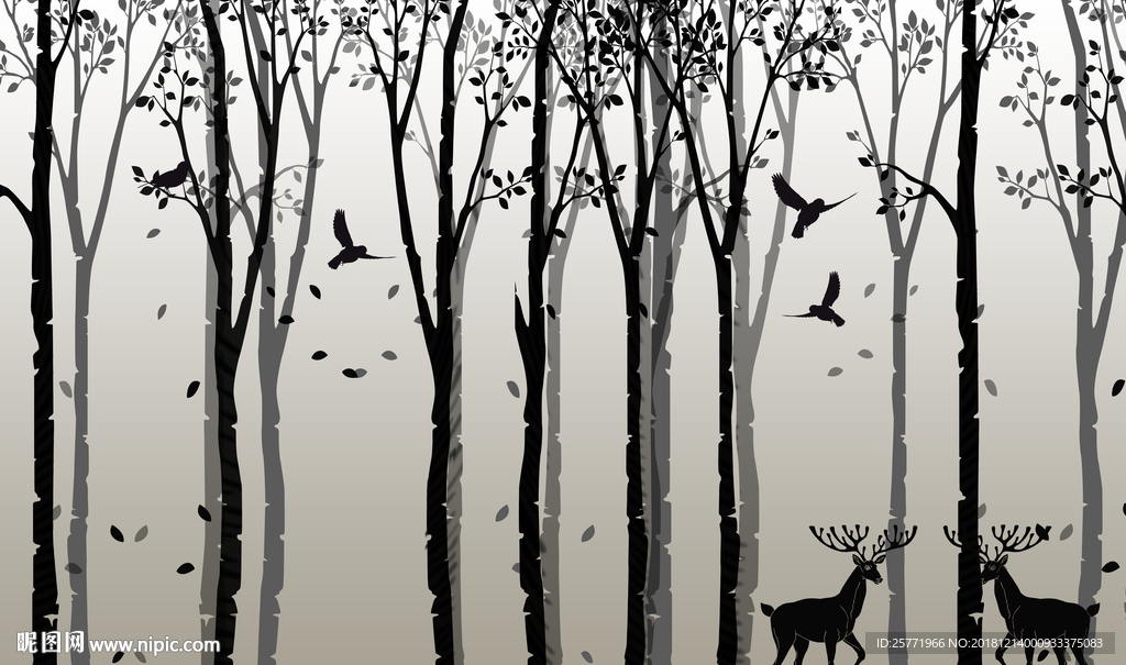 麋鹿森林壁画 麋鹿装饰画
