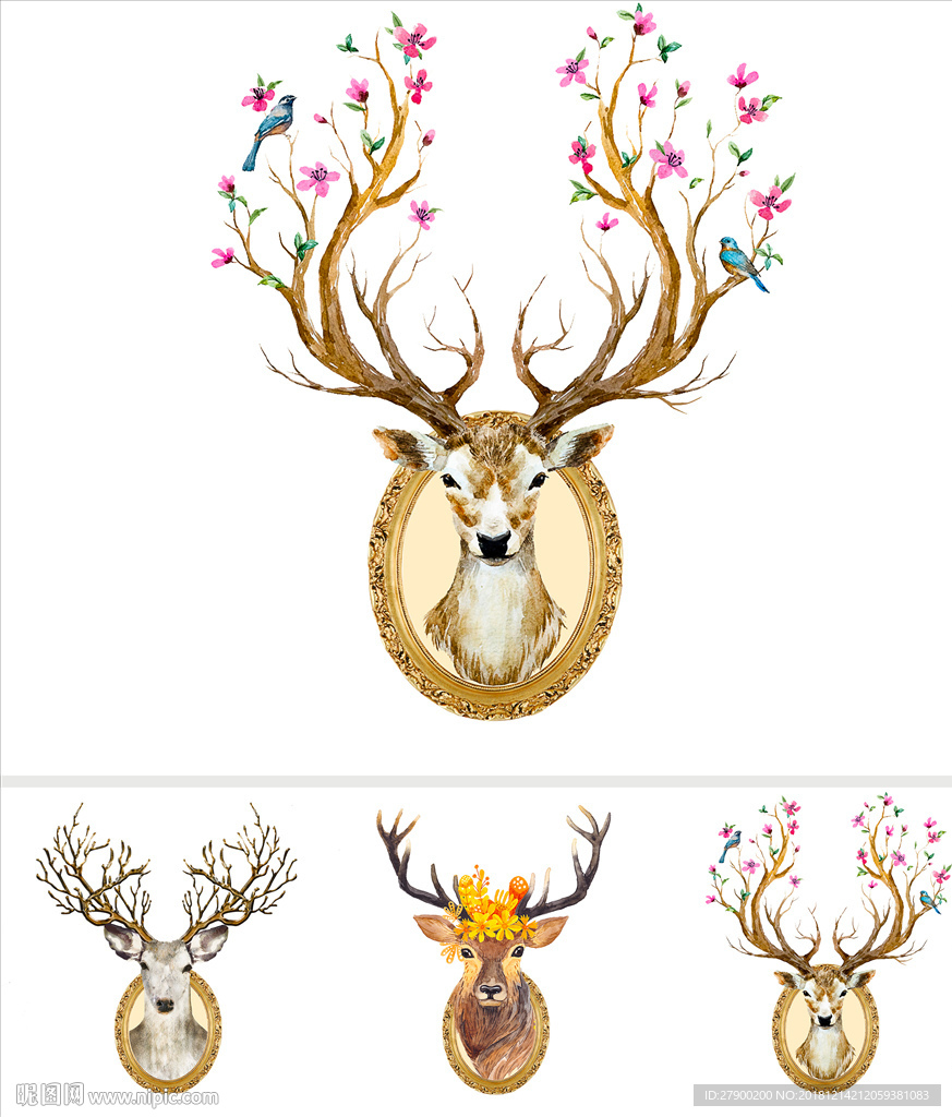 欧式创意时尚手绘鹿头花卉北欧无