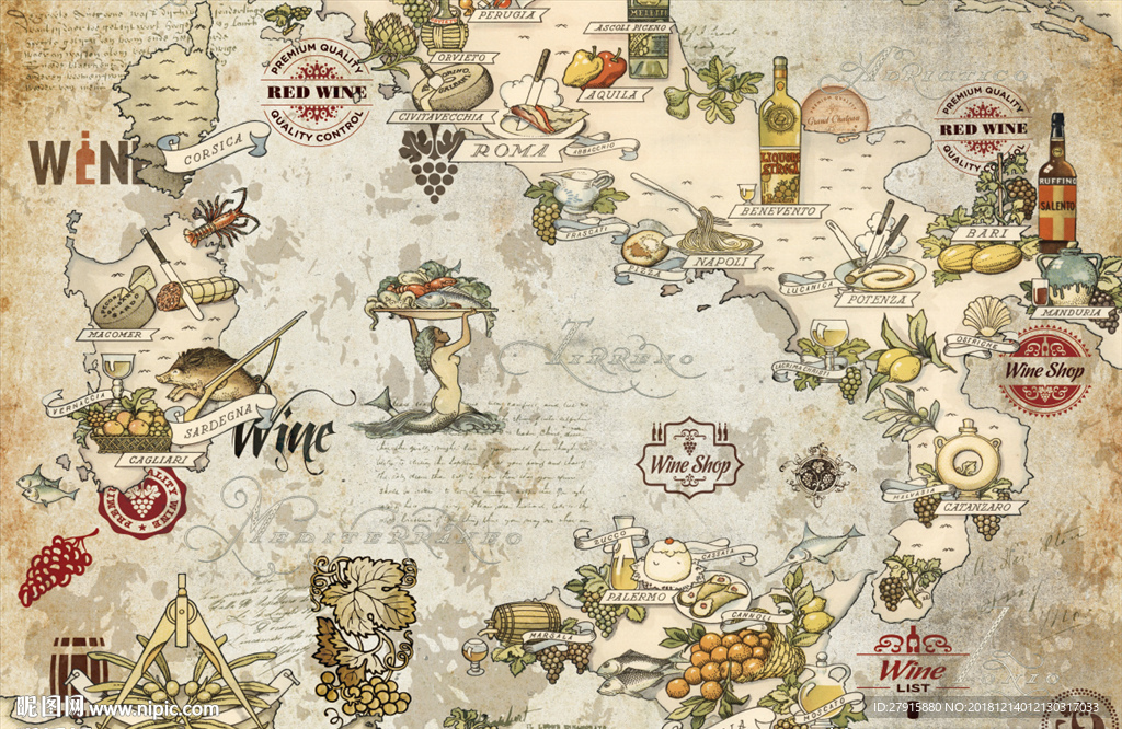 抽象复古手绘吃物背景墙