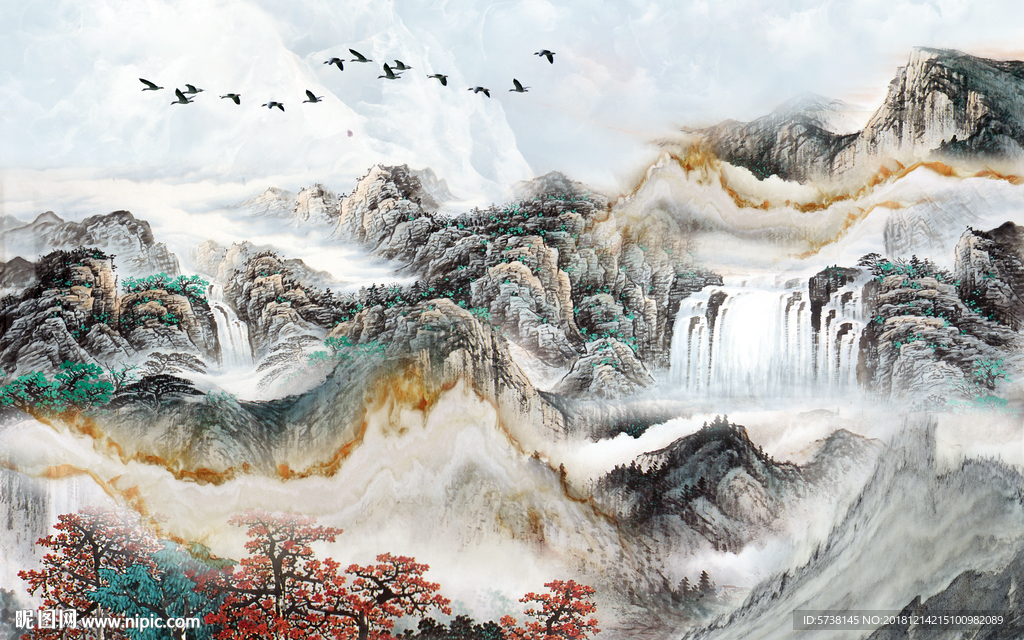 国画山水中式古典玄关屏风背景底