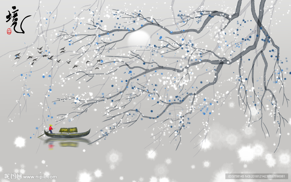 雪景水墨玄关屏风背景底纹素材中