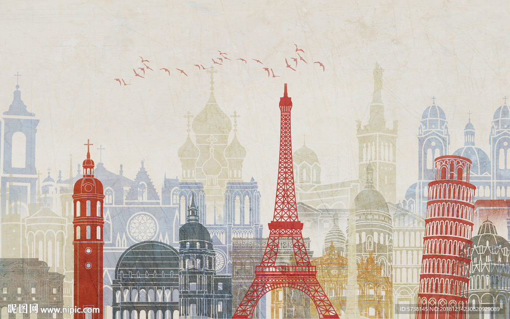 城市手绘玄关屏风背景底纹素材工