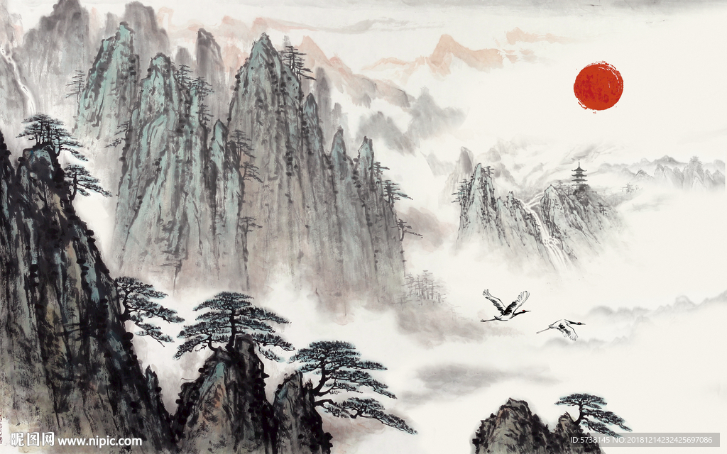 国画水墨山水玄关屏风背景底纹素