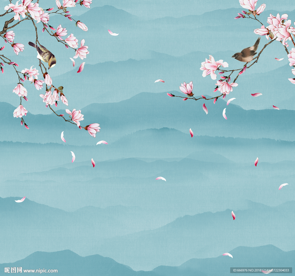 中式玉兰花鸟背景画