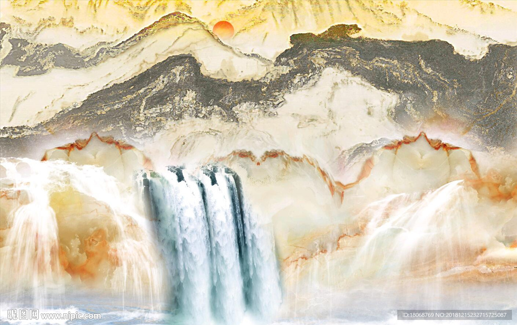 新中式瀑布流水生财风水装饰画