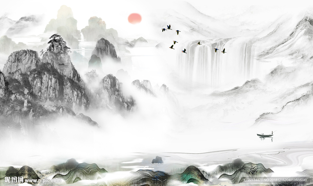 爵士白大理石纹山水画电视背景墙