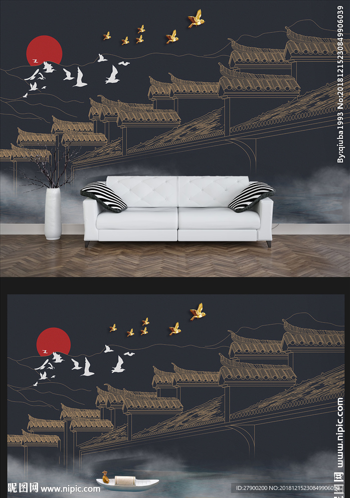 现代徽派现代建筑山水画飞鸟电视