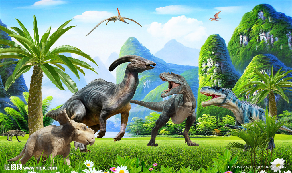 草地山水恐龙背景墙