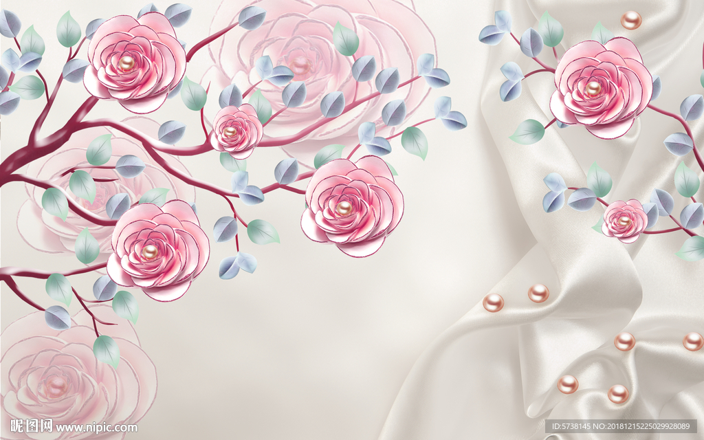 手绘珍珠花丝绸玄关屏风背景底纹