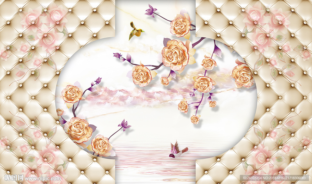 彩雕花卉软包电视背景墙