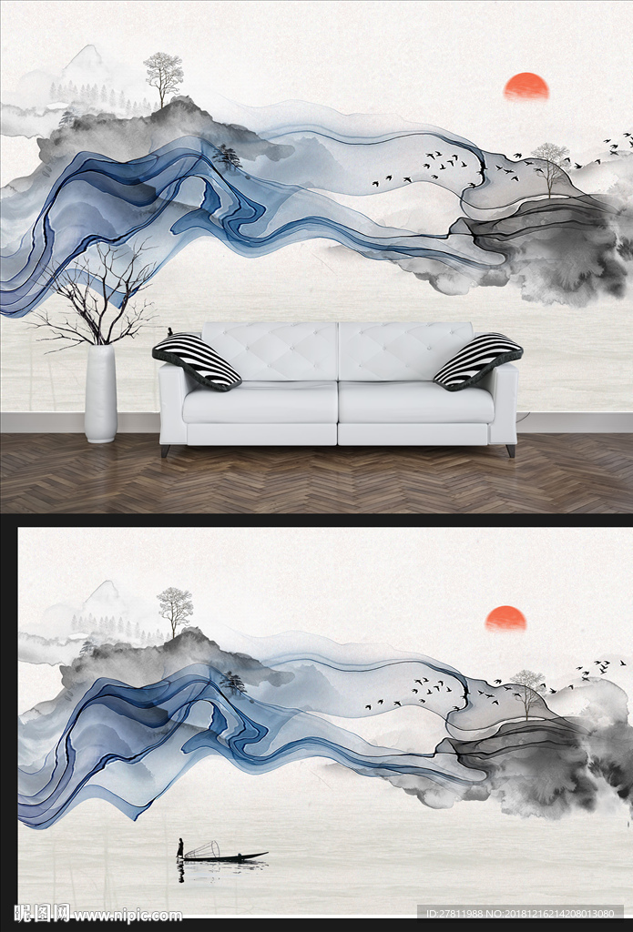 新中式抽象山水线条水波小舟飞鸟