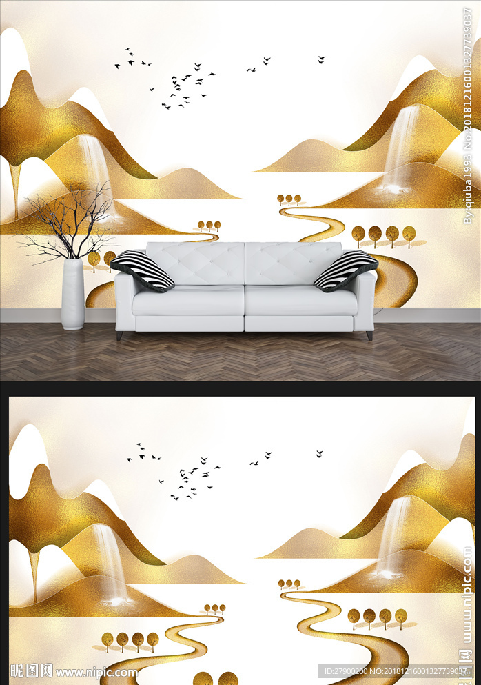 新中式金色山水瀑布鸟群金箔意境