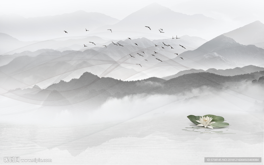 素色山水荷花中式创意玄关屏风背