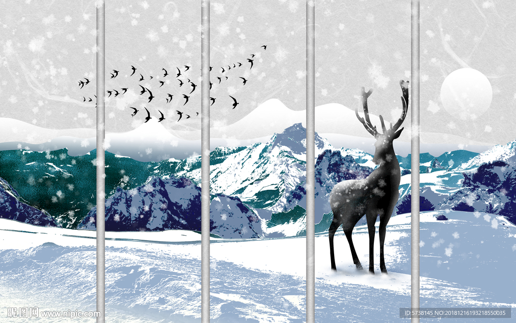 北欧麋鹿雪山玄关屏风背景底纹素