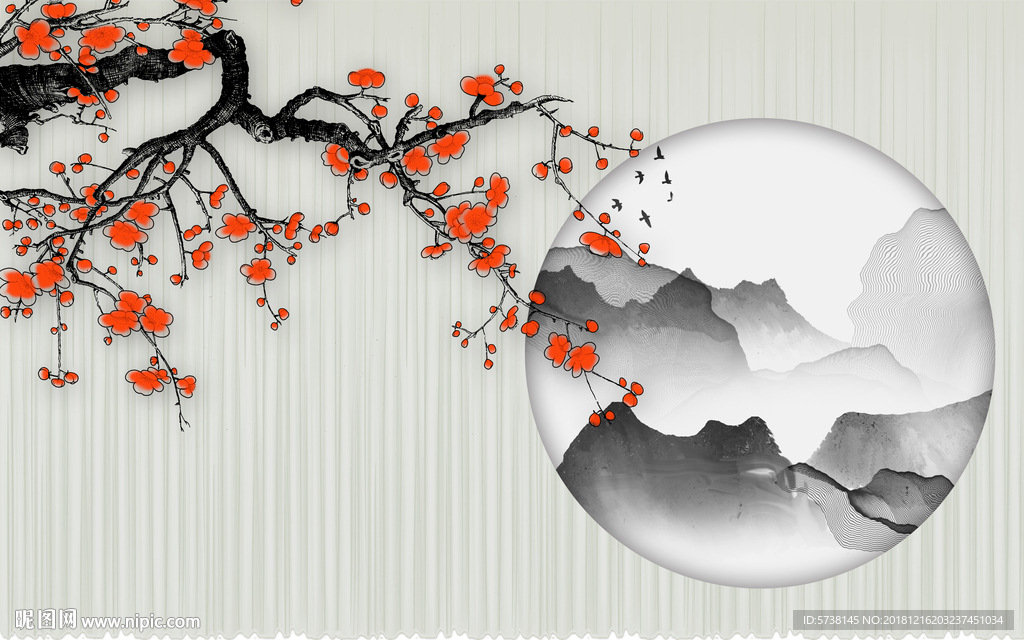 中式水墨花山水玄关屏风背景底纹