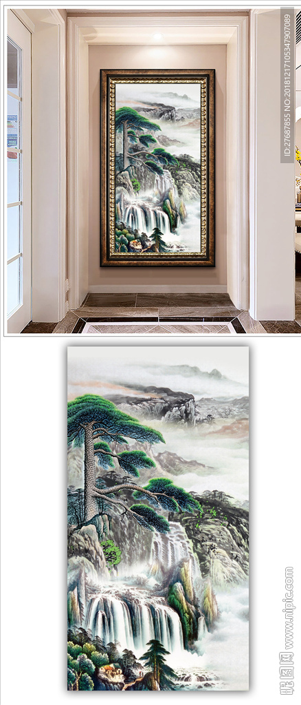 中式手绘山水画松树玄关装饰画