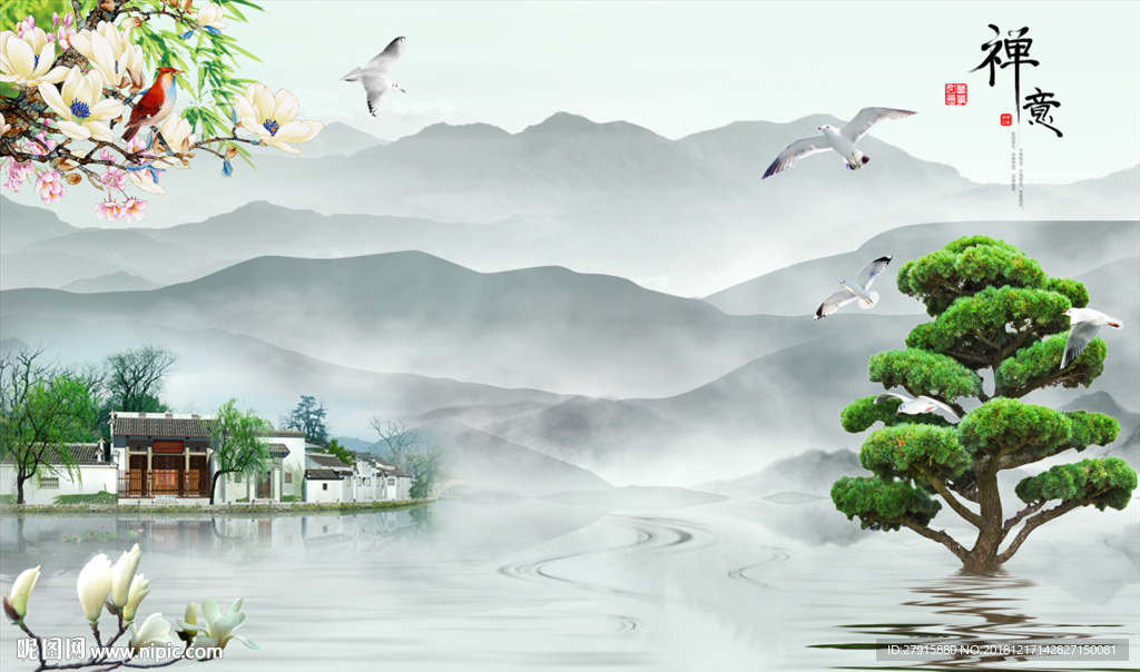 新中式禅意山水背景墙