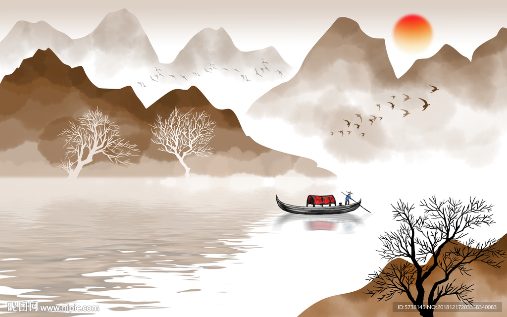 创意水墨山水玄关屏风背景底纹素