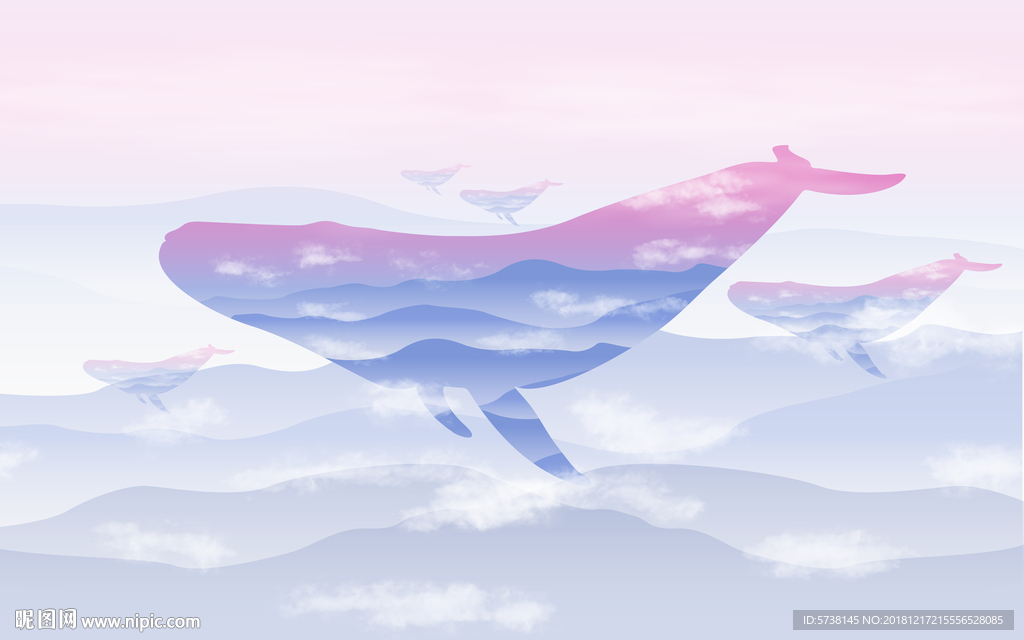 儿童房手绘唯美鲸鱼山水玄关屏风