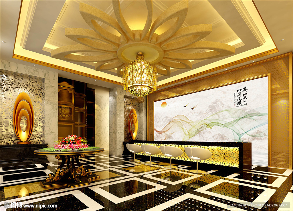 高山流图水墨画山水画背景墙