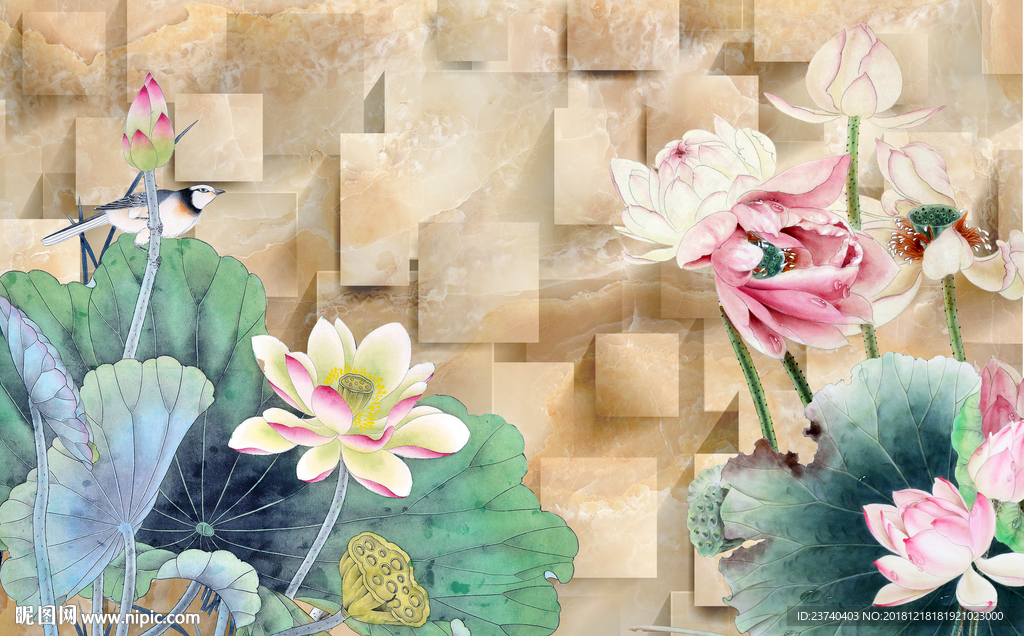 电视背景墙 3D背景墙 荷花