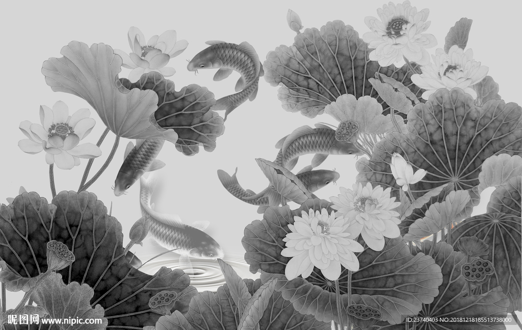 电视背景墙  荷花水墨图