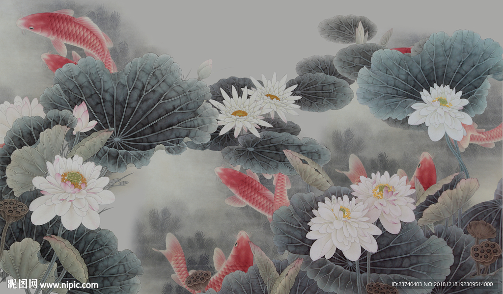 电视背景墙 水墨荷花鲤鱼图