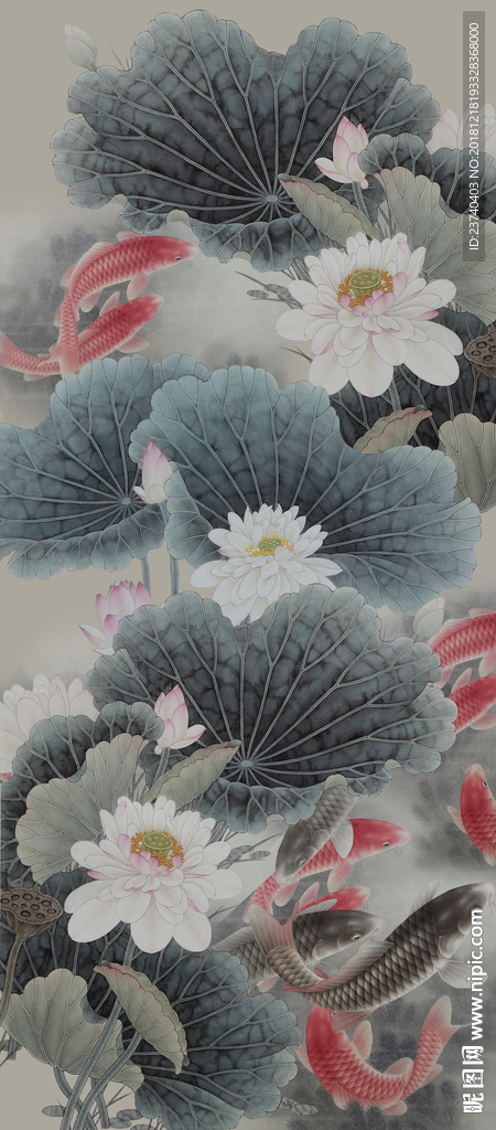 玄关 装饰画 荷花鲤鱼图