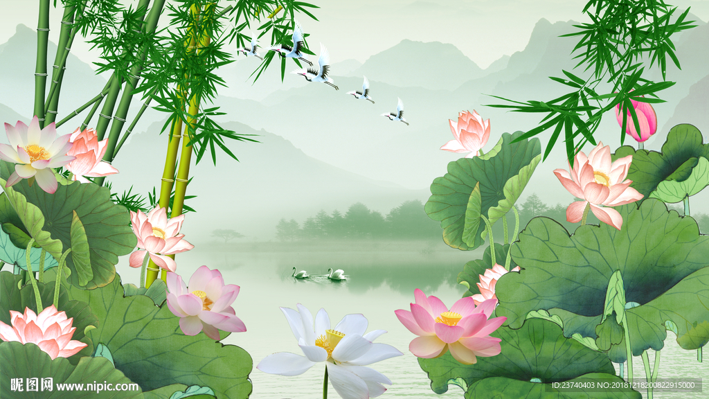 电视背景墙 荷花国画
