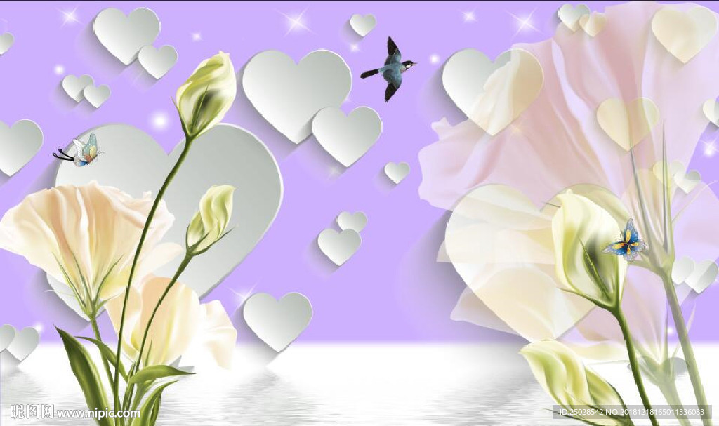 郁金香马蹄莲爱心背景墙3D壁画