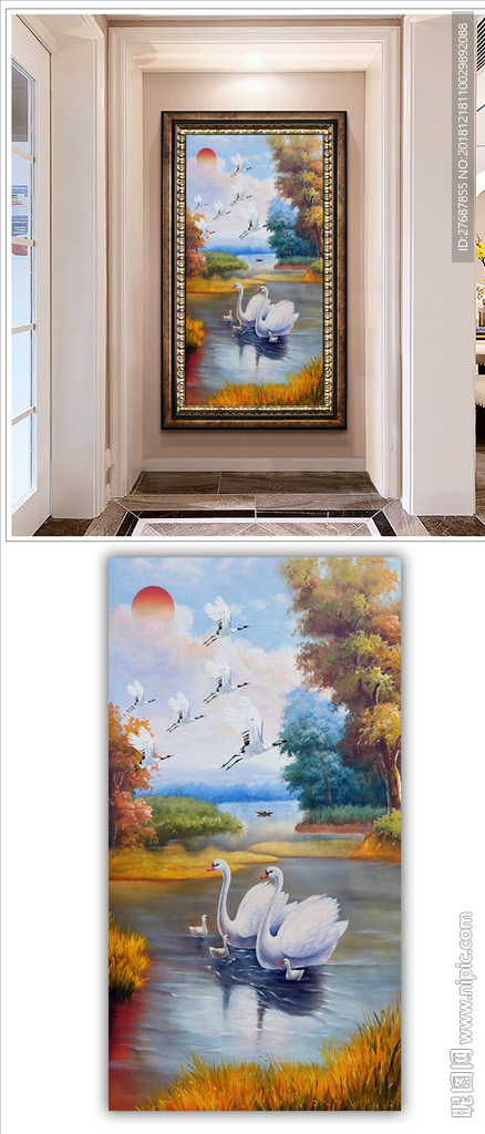 手绘油画天鹅湖