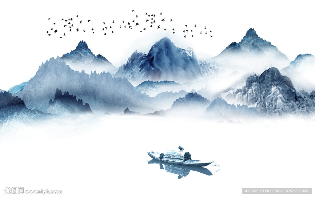 新中式山水飞鸟电视背景墙