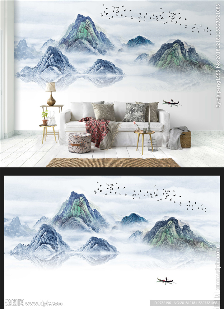 山水飞鸟电视背景墙