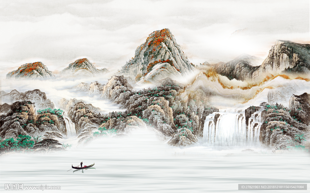 新中式山水瀑布电视背景墙高山流