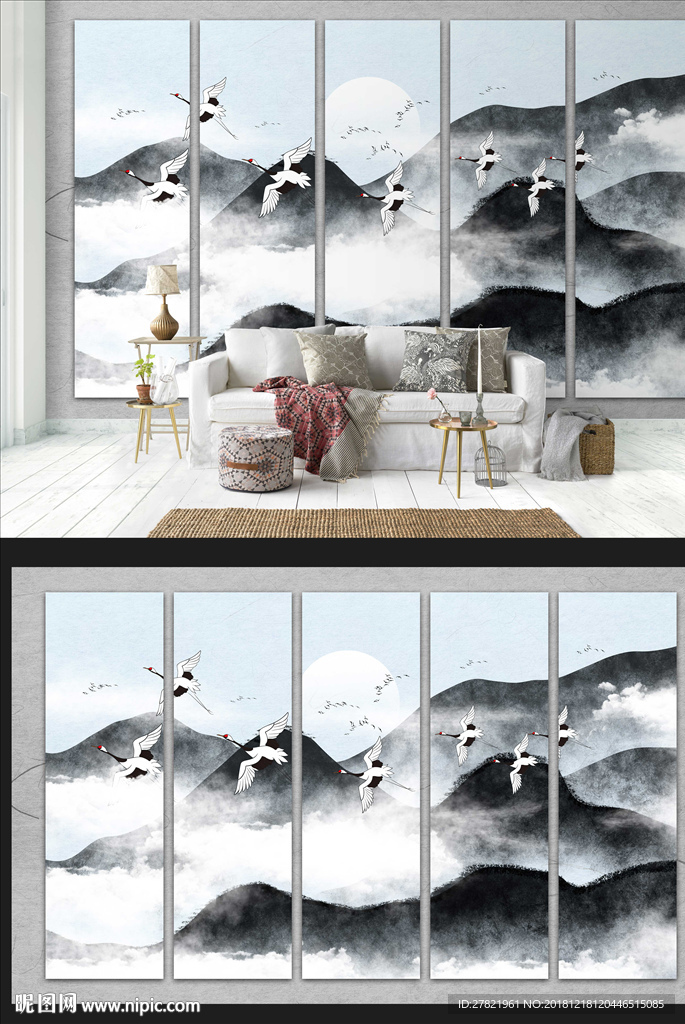 新中式山水仙鹤意境电视背景墙