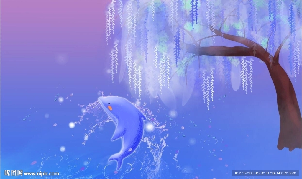 梦幻树手绘海豚背景墙