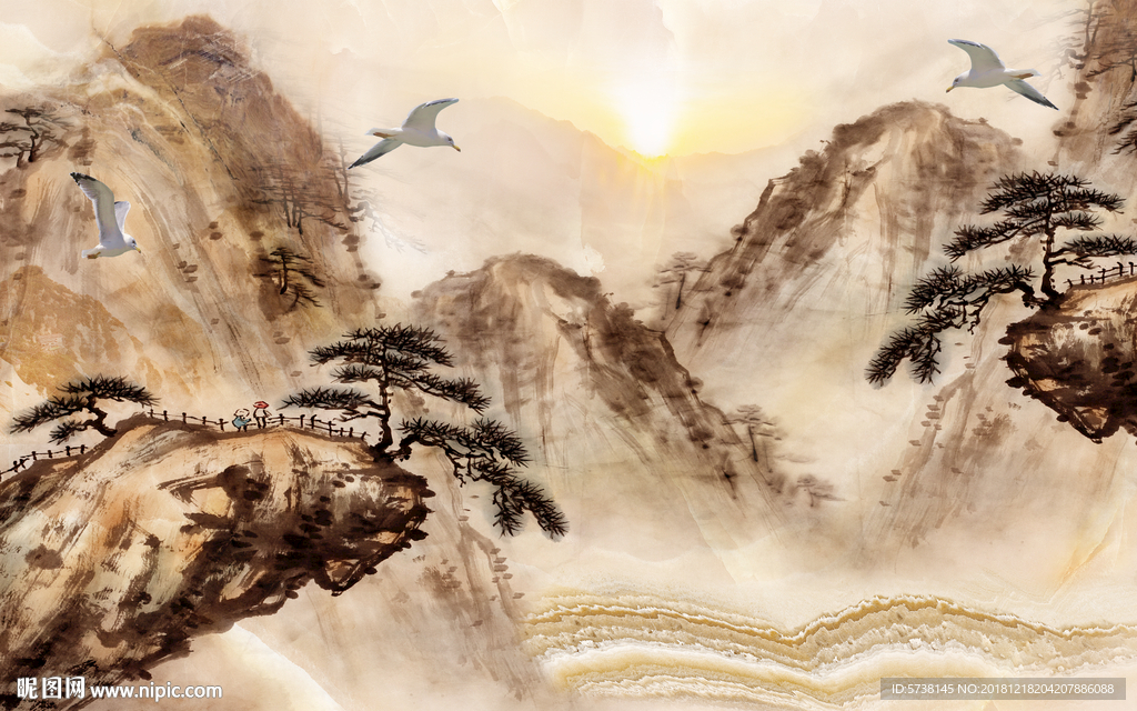 水墨国画黄山松树玄关屏风背景底