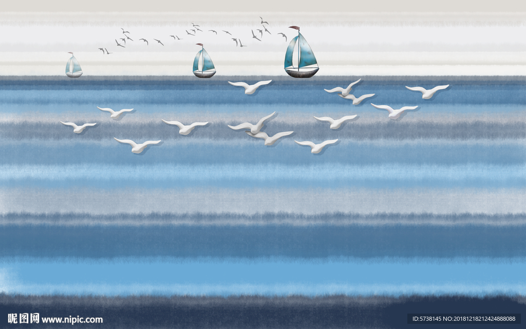 儿童房手绘水墨大海海鸥玄关屏风