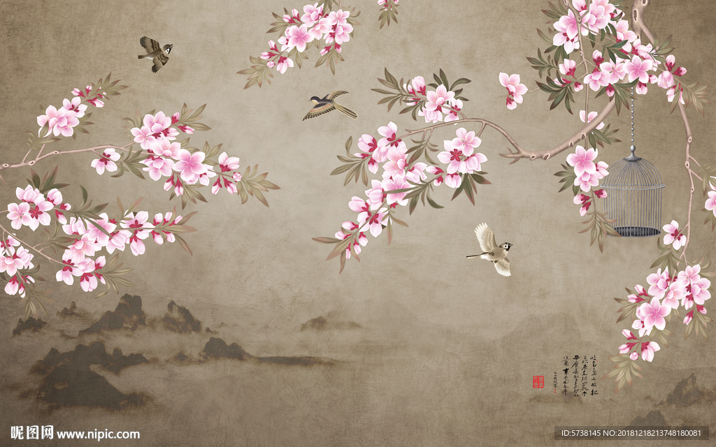 古画中式花鸟山水玄关屏风背景底