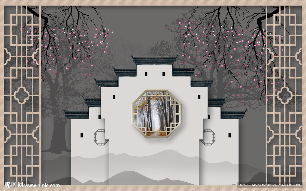 徽派中式窗框玄关屏风背景底纹素