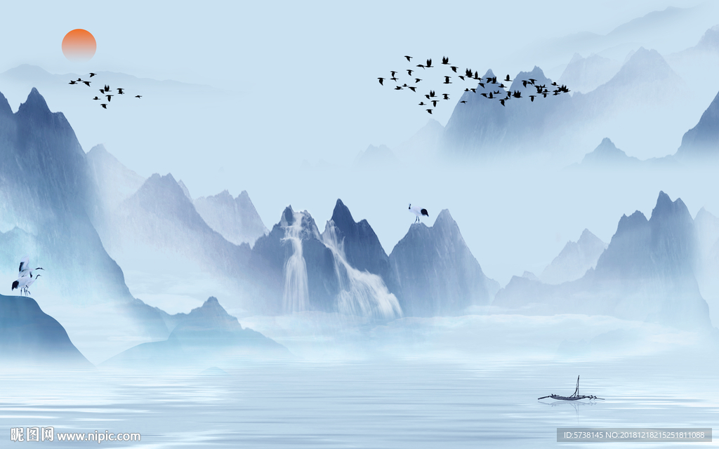 蓝色山水玄关屏风背景底纹艺术素