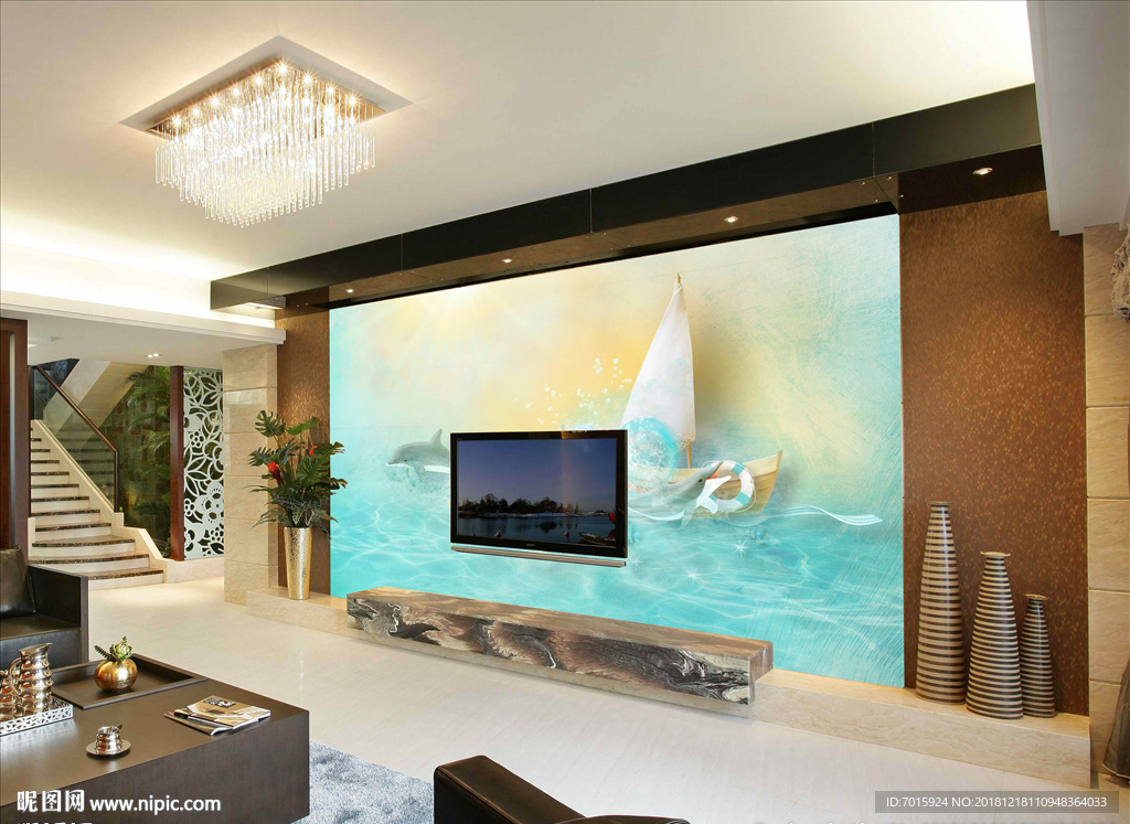 海船蓝天背景墙 客厅壁画