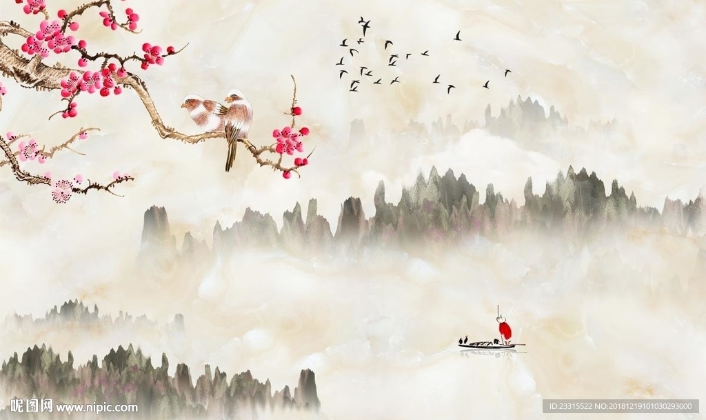 大理石咏梅山水背景墙