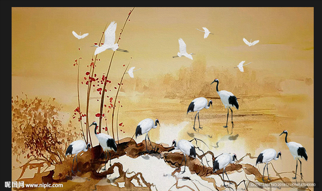 抽象中式山水白鹤背景墙图片