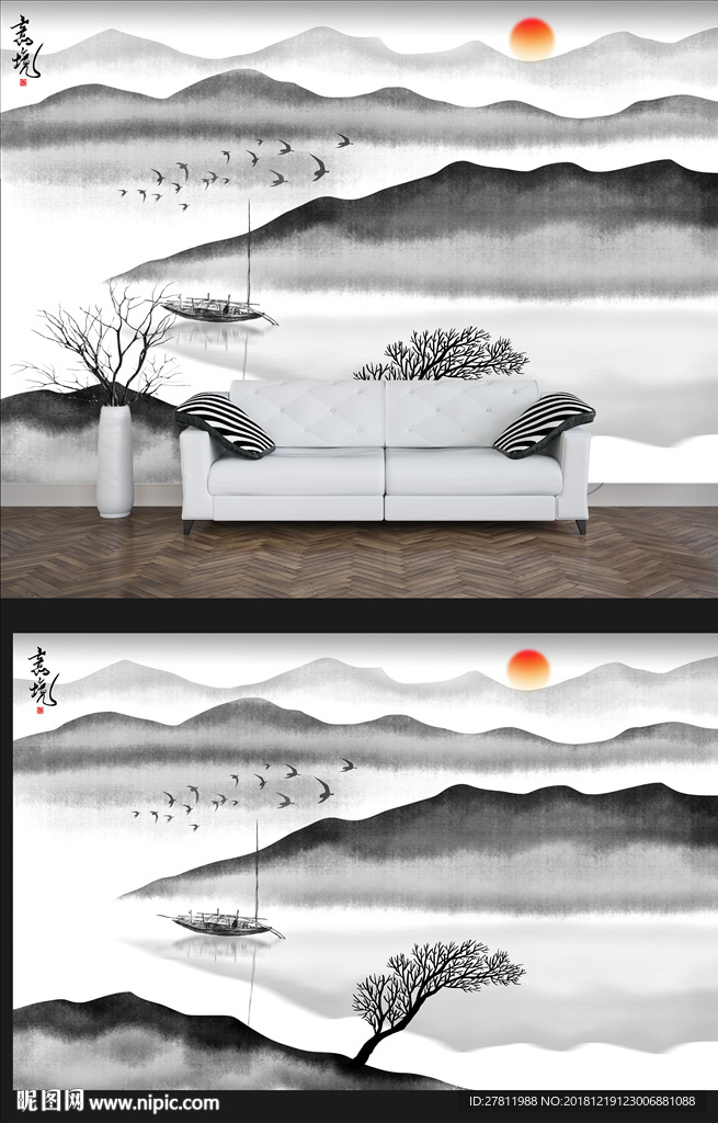 中国风黑白写意山水画背景墙壁画