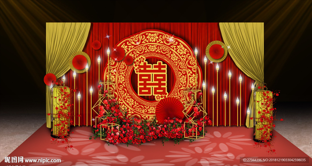 红金色中式婚礼迎宾区