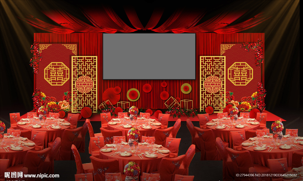 红色中式婚礼舞台