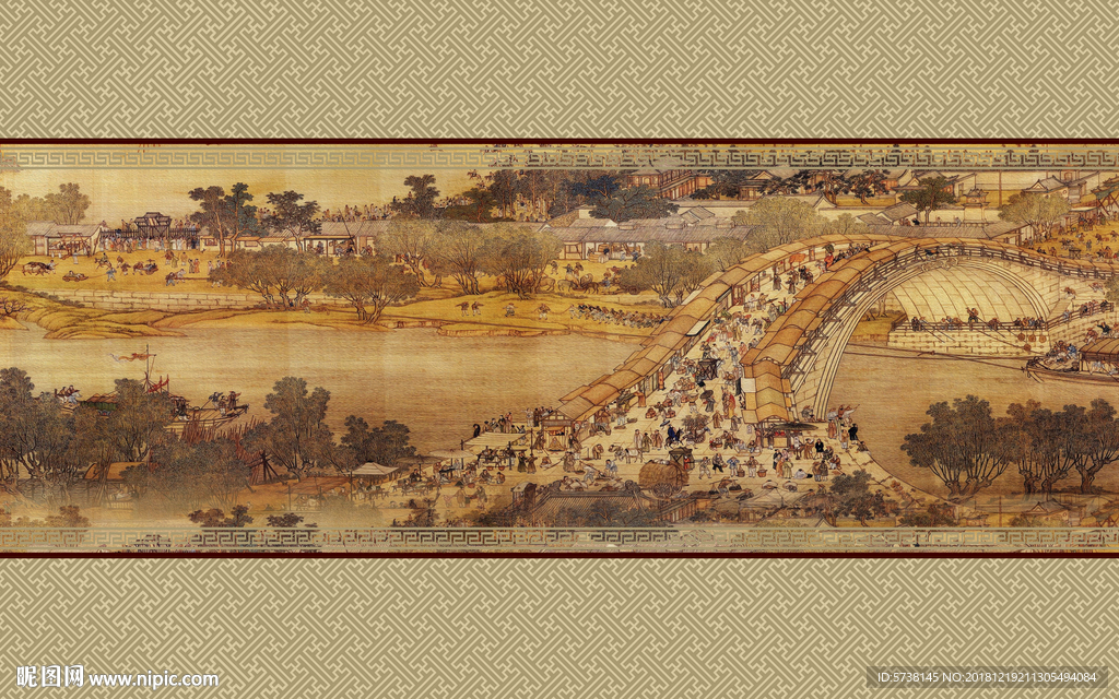 清明上河图中式玄关屏风背景墙底